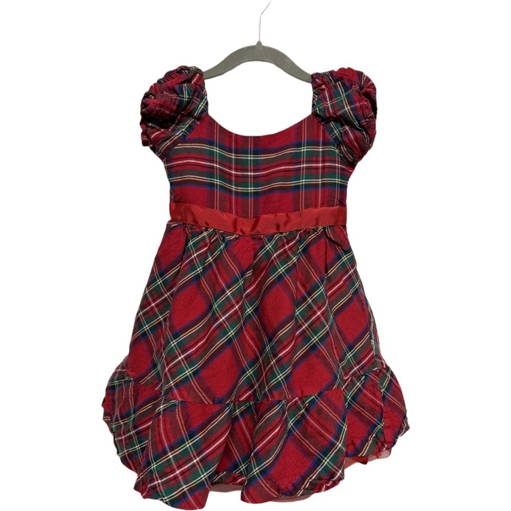 Janie and Jack Girls Silk Plaid Holiday Dress Size 3 Red Tartan Puff Sleeve